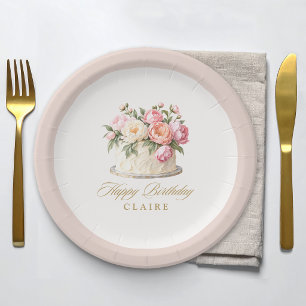 Pink Floral Cake Stylish Birthday Party Paper Plate