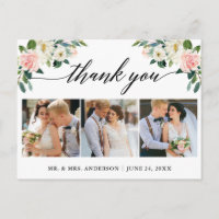 Pink Floral Calligraphy 3 Photo Wedding Thank You
