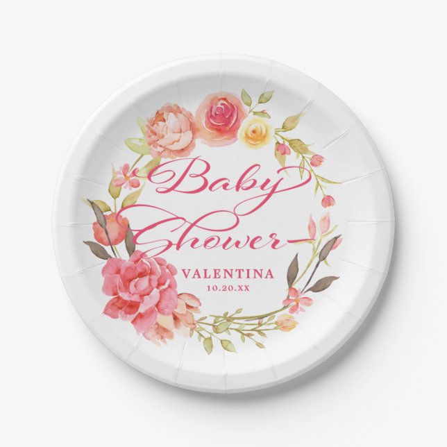 Pink Floral Calligraphy Girly Baby Shower Paper Plate (Front)