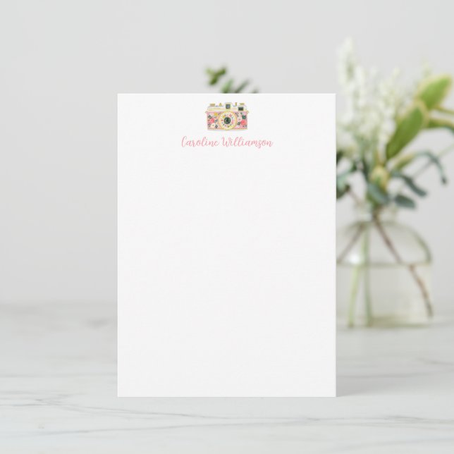 Pink Floral Camera Watercolor Personalised Name Card (Standing Front)