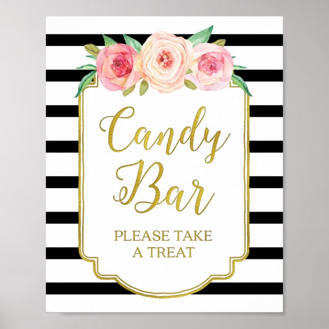 Pink Floral Candy Bar Sign Gold Black Stripes (Front)