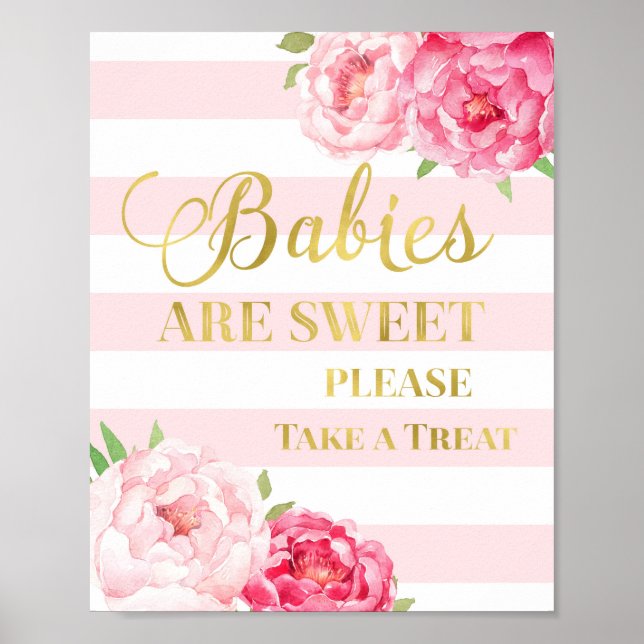 Pink Floral Candy Bar Sign Gold Blush Stripes (Front)