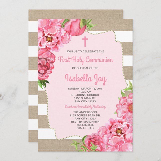 Pink Floral + canvas First Communion invite (Front/Back)