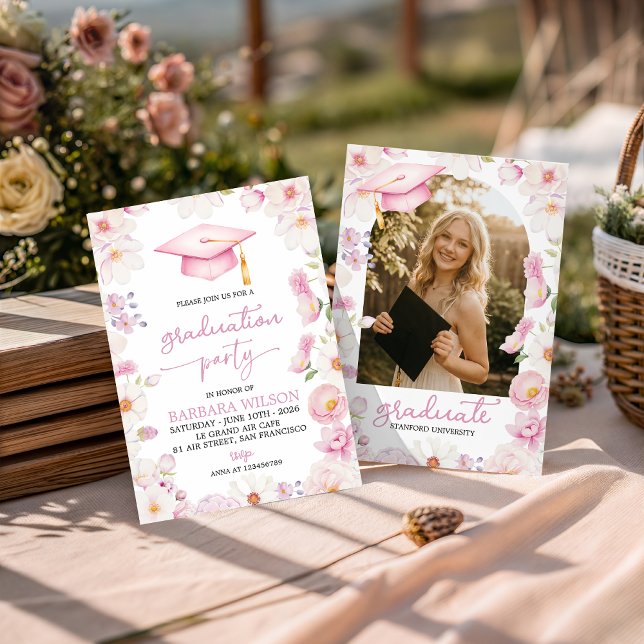 Pink Floral & Cap Graduation Invitation (Creator Uploaded)