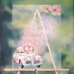 Pink Floral Car Baby Shower Welcome  Acrylic Sign
