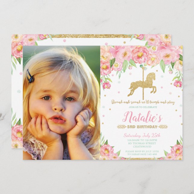 Pink Floral Carousel 1st Birthday Girl with Photo Invitation (Front/Back)
