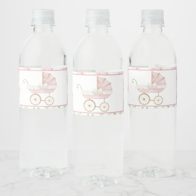 Pink Floral Carriage Baby Shower  Water Bottle Label (Bottles)