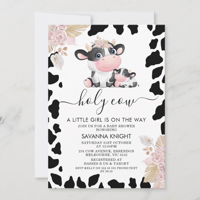 Pink Floral Cartoon Holy Cow Cow Print Baby Shower Invitation (Front)