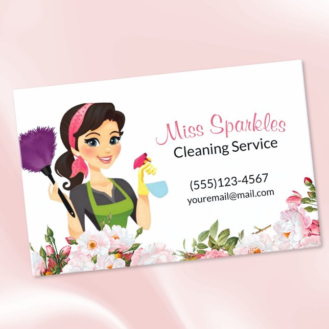 Pink Floral Cartoon Maid House Cleaning Service Business Card (Creator Uploaded)
