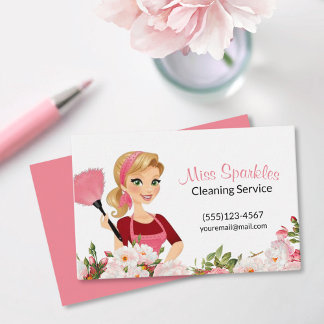 Pink Floral Cartoon Maid House Cleaning Services Business Card