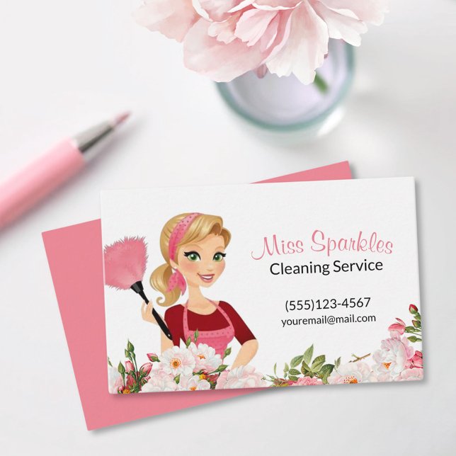 Pink Floral Cartoon Maid House Cleaning Services Business Card (Creator Uploaded)