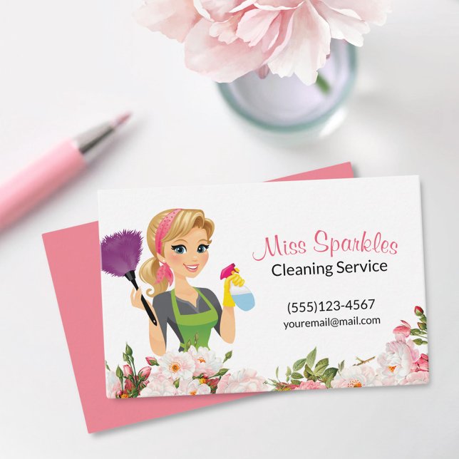Pink Floral Cartoon Maid House Cleaning Services Business Card (Creator Uploaded)