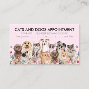 Pink Floral Cats and Dogs Illustrated Business Card