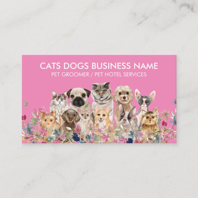 Pink Floral Cats Dogs Pet Groomer Business Card (Front)