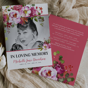 Pink Floral Celebrating Life Photo Funeral Invitation