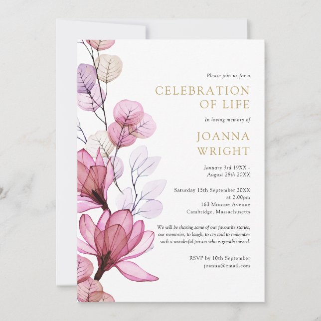 Pink Floral Celebration Of Life Funeral Invitation (Front)