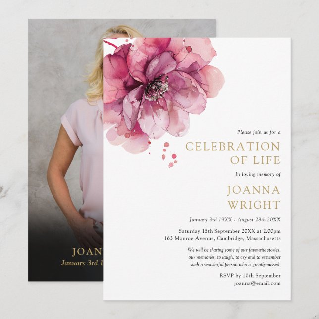 Pink Floral Celebration Of Life Funeral Photo Invitation (Front/Back)
