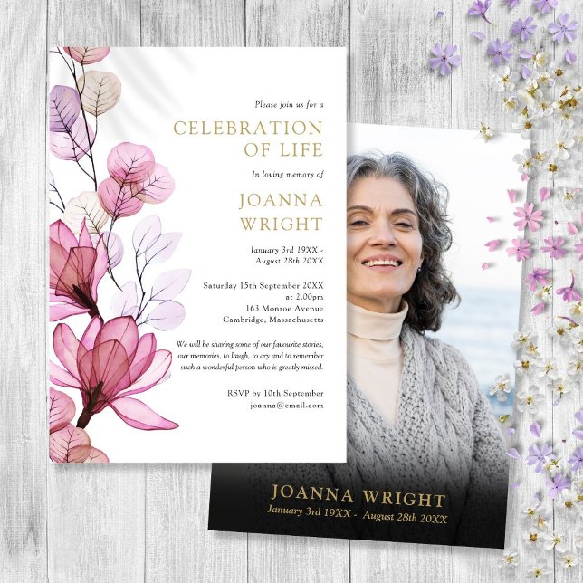 Pink Floral Celebration Of Life Funeral Photo Invitation (Pink Floral Celebration Of Life Funeral Photo Invitation)
