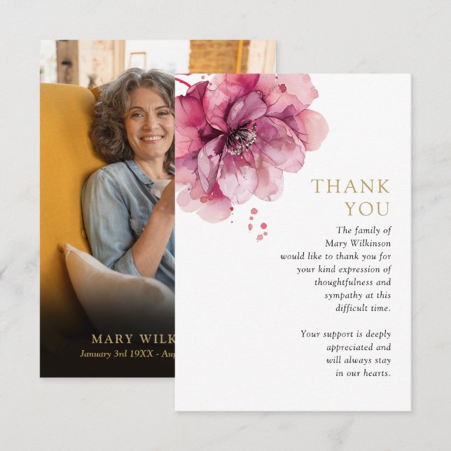 Pink Floral Celebration Of Life Funeral Photo Thank You Card (Front/Back)