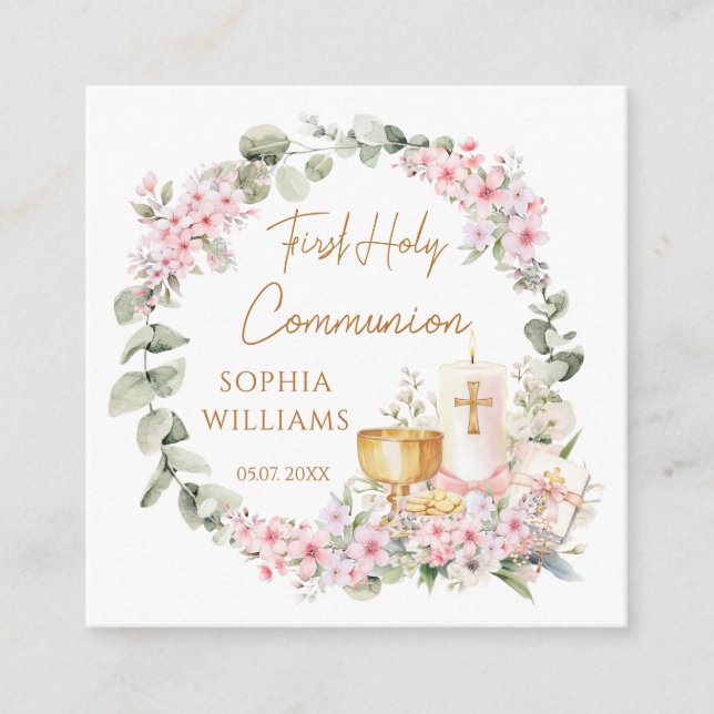 Pink Floral Chalice Candle First Holy Communion  Enclosure Card (Front)
