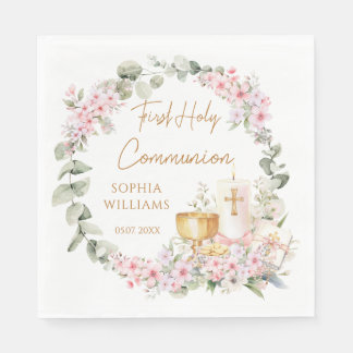 Pink Floral Chalice First Holy Communion  Napkin