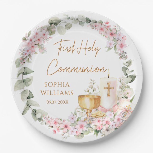 Pink Floral Chalice First Holy Communion  Paper Plate (Front)