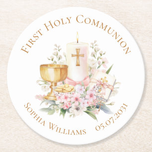 Pink Floral Chalice First Holy Communion Round Paper Coaster