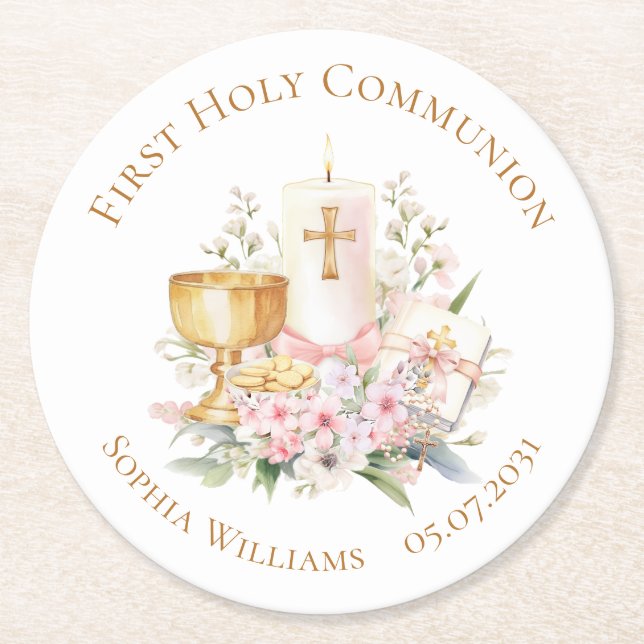 Pink Floral Chalice First Holy Communion  Round Paper Coaster (Front)