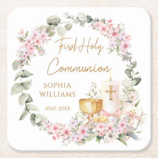 Pink Floral Chalice First Holy Communion  Square Paper Coaster