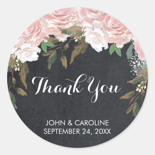pink floral chalk thank you sticker wedding shower (Front)