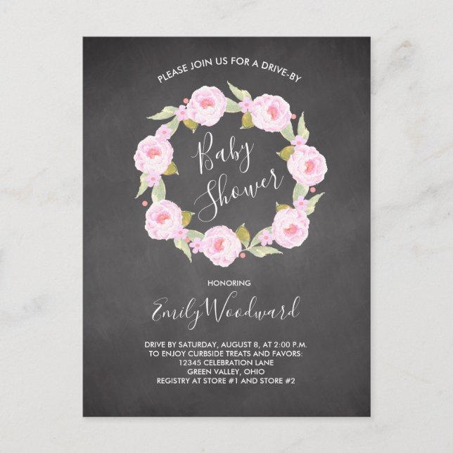 Pink Floral Chalkboard Drive-By Girl Baby Shower Postcard (Front)