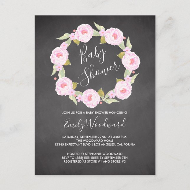 Pink Floral Chalkboard Girl Baby Shower Invitation Postcard (Front)