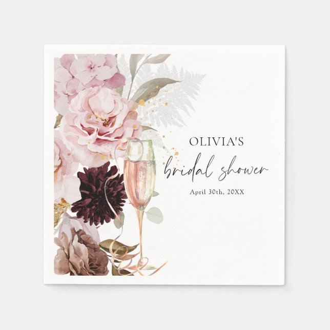 Pink Floral Champagne Bridal Shower  Napkin (Front)