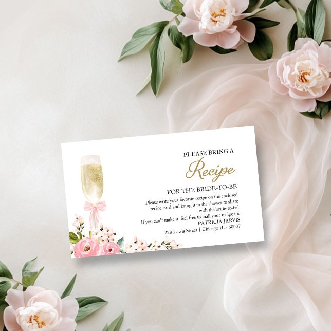 Pink Floral Champagne Bridal Shower Recipe Request Enclosure Card (Creator Uploaded)