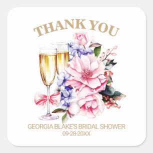 Pink Floral Champagne Bridal Shower Thank You Square Sticker