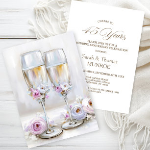 Pink Floral Champagne Glasses 45th Anniversary Invitation