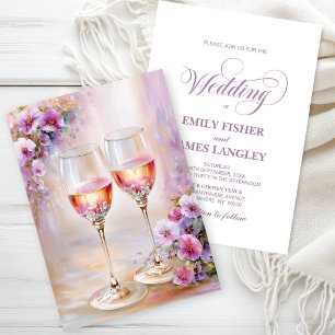 Pink Floral Champagne Glasses Wedding Invitation