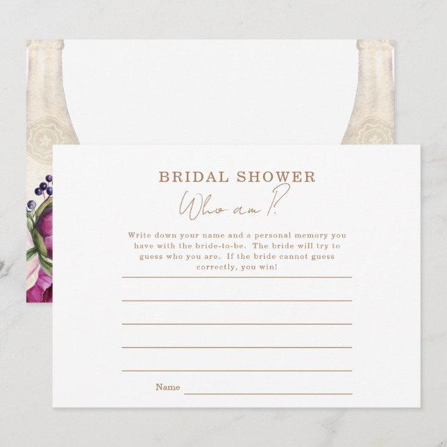 Pink Floral Champagne Who Am I Bridal Shower Game Invitation (Front/Back)