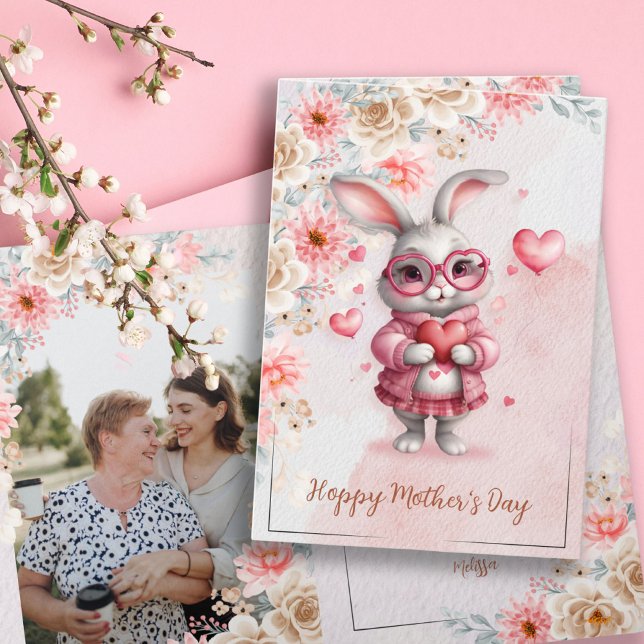 Pink Floral Charm & Love Bunny Photo Mother's Day Card (Pink Floral Charm & Love Bunny Photo Mother's Day Card)