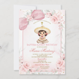 Pink Floral Charra Girl Baptism & First Birthday Invitation