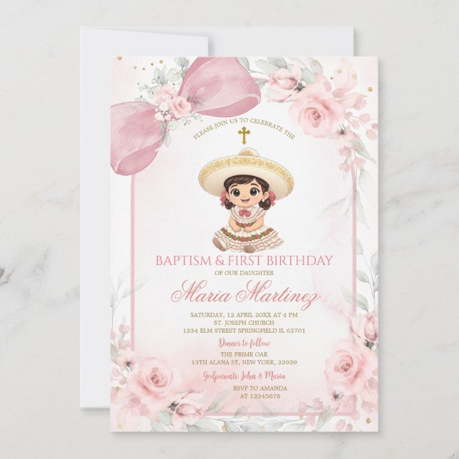 Pink Floral Charra Girl Baptism & First Birthday Invitation (Front)