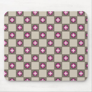 Pink Floral Checkerboard Pattern Mouse Mat