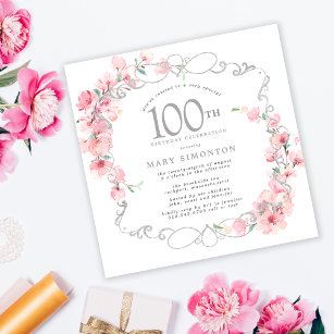 Pink Floral Cherry Blossom 100th Birthday Party Invitation