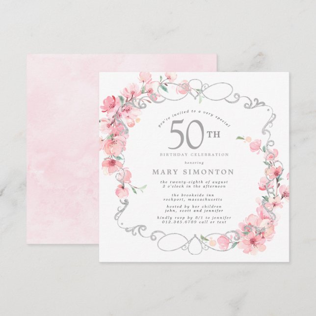 Pink Floral Cherry Blossom 50th Birthday Party Invitation (Front/Back)