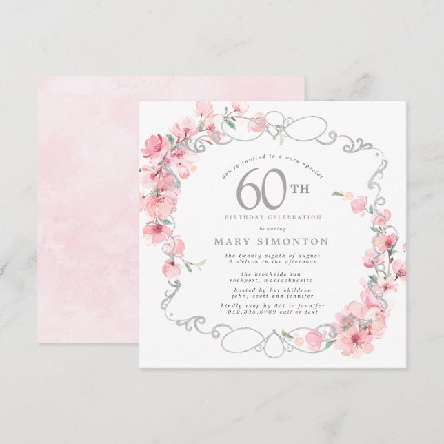 Pink Floral Cherry Blossom 60th Birthday Party Invitation (Front/Back)
