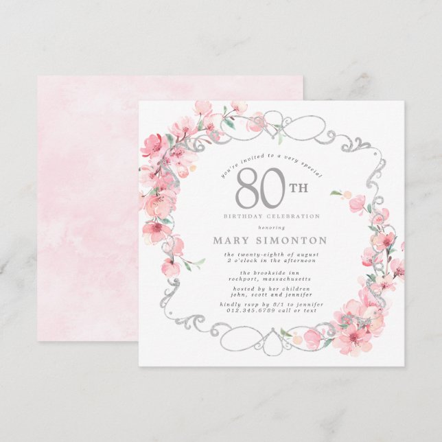 Pink Floral Cherry Blossom 80th Birthday Party Invitation (Front/Back)
