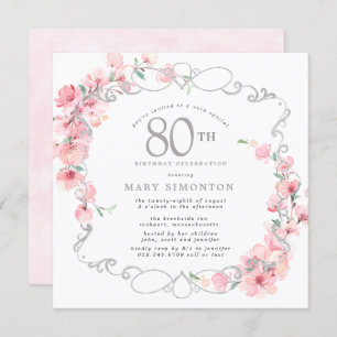 Pink Floral Cherry Blossom 80th Birthday Party Invitation