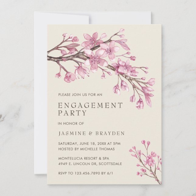 Pink Floral Cherry Blossom Engagement Party Invitation (Front)