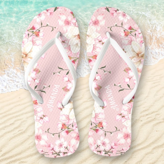 Pink Floral Cherry Blossom Sakura Flowers Name Flip Flops (Pink Floral Cherry Blossom Sakura Flowers Name Flip Flops)