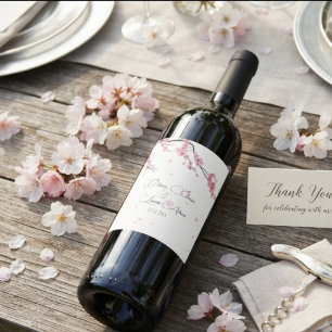 Pink floral Cherry Blossom Watercolor wedding Wine Label